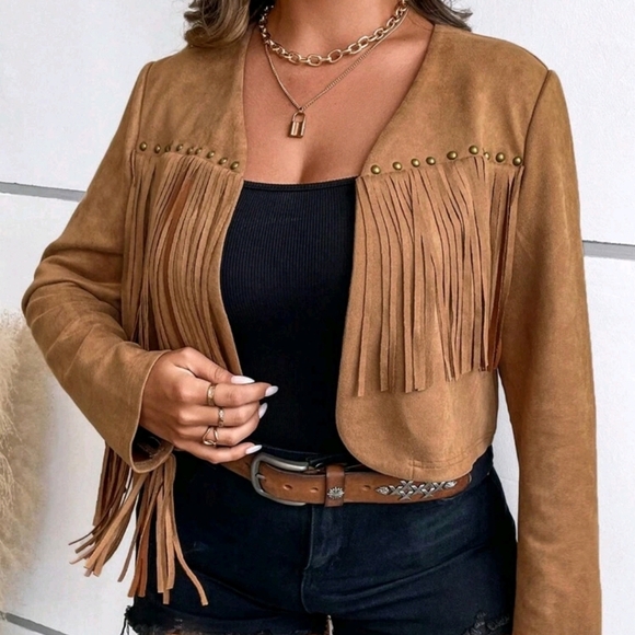 Plus Size Casual Short Fringe Trim Jacket, Suitable For Everyday Wear - Picture 5 of 5
